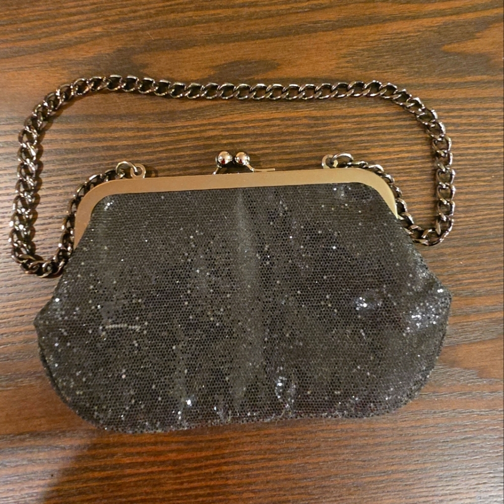 EXPRESS Black Glitter Evening Bag Handbag Purse To Clutch Vintage Style Gunmetal